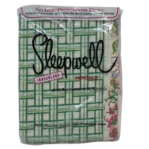 Vintage Sleepwell Percale Pillowcases Set of 2 Green Geometric Floral 42x36 NEW